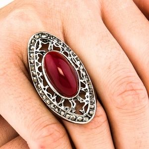 Silver Red Blood Stone Ring w/ Gray Stone Accents